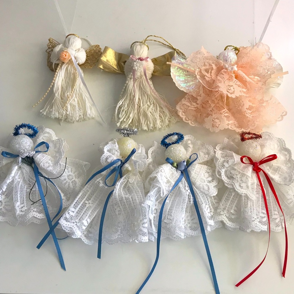 A Lot of 7 Vintage Handmade Lace Tassel Ribbon Angel Christmas Ornaments